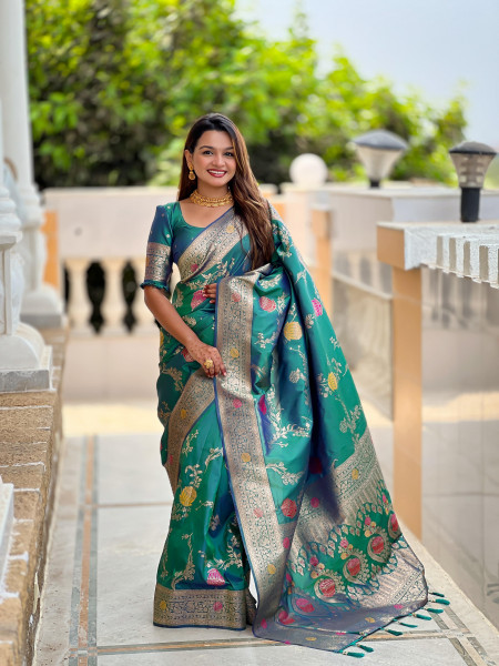 Image of Jade Green Soft Banarasi Silk All Over Rich Zari Meenakari Weaved Body Pallu Border Saree