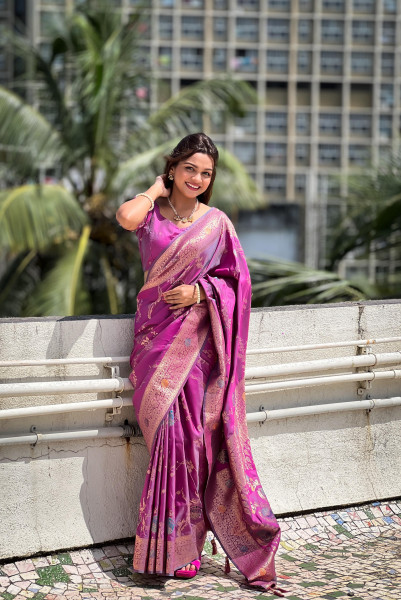 Image of Purple Soft Banarasi Silk All Over Rich Zari Meenakari Weaved Body Pallu Border Saree