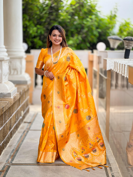 Image of Gold Soft Banarasi Silk All Over Rich Zari Meenakari Weaved Body Pallu Border Saree
