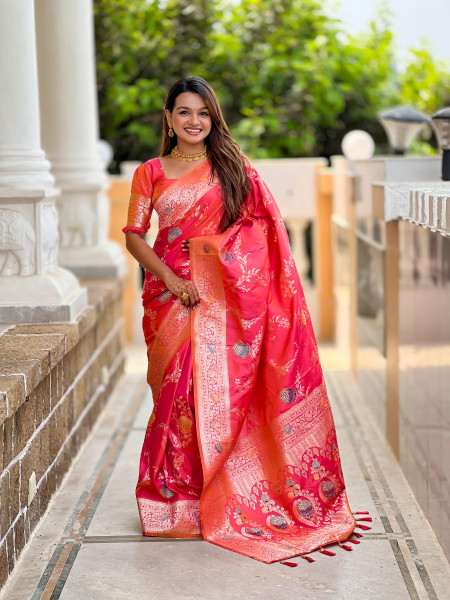 Image of Red Soft Banarasi Silk All Over Rich Zari Meenakari Weaved Body Pallu Border Saree