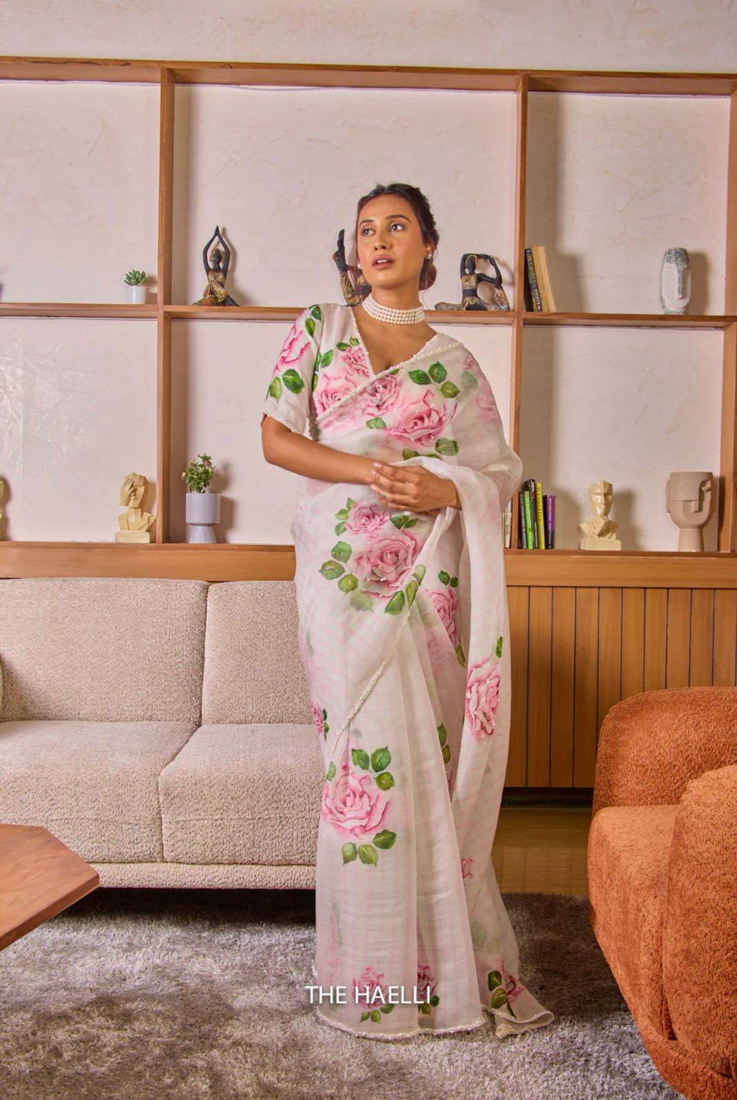 Off-White Soft Organza Tebby Silk Floral Printed With Pearl Handwork Border Saree