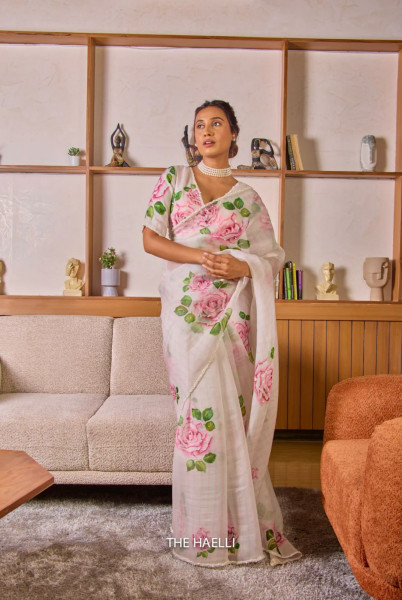 Image of Off-White Soft Organza Tebby Silk Floral Printed With Pearl Handwork Border Saree