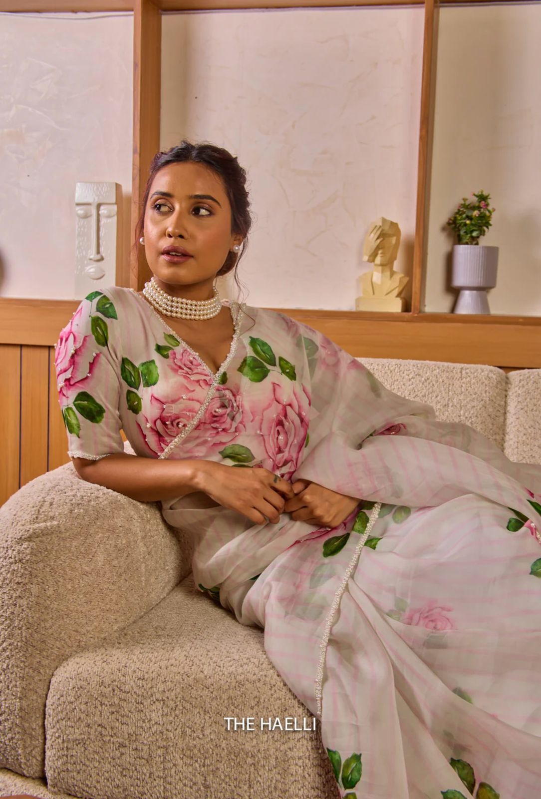 Off-White Soft Organza Tebby Silk Floral Printed With Pearl Handwork Border Saree