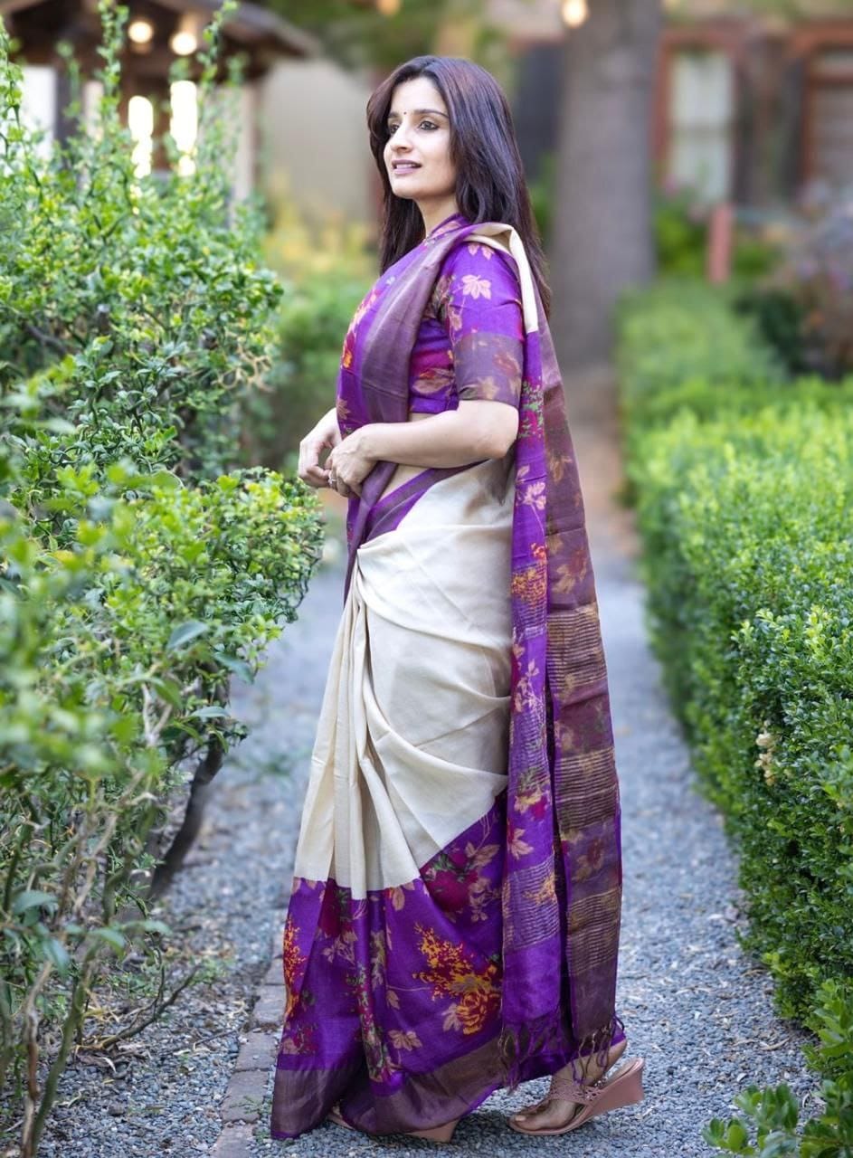 White Purple Pure Linen Digital Printed Saree