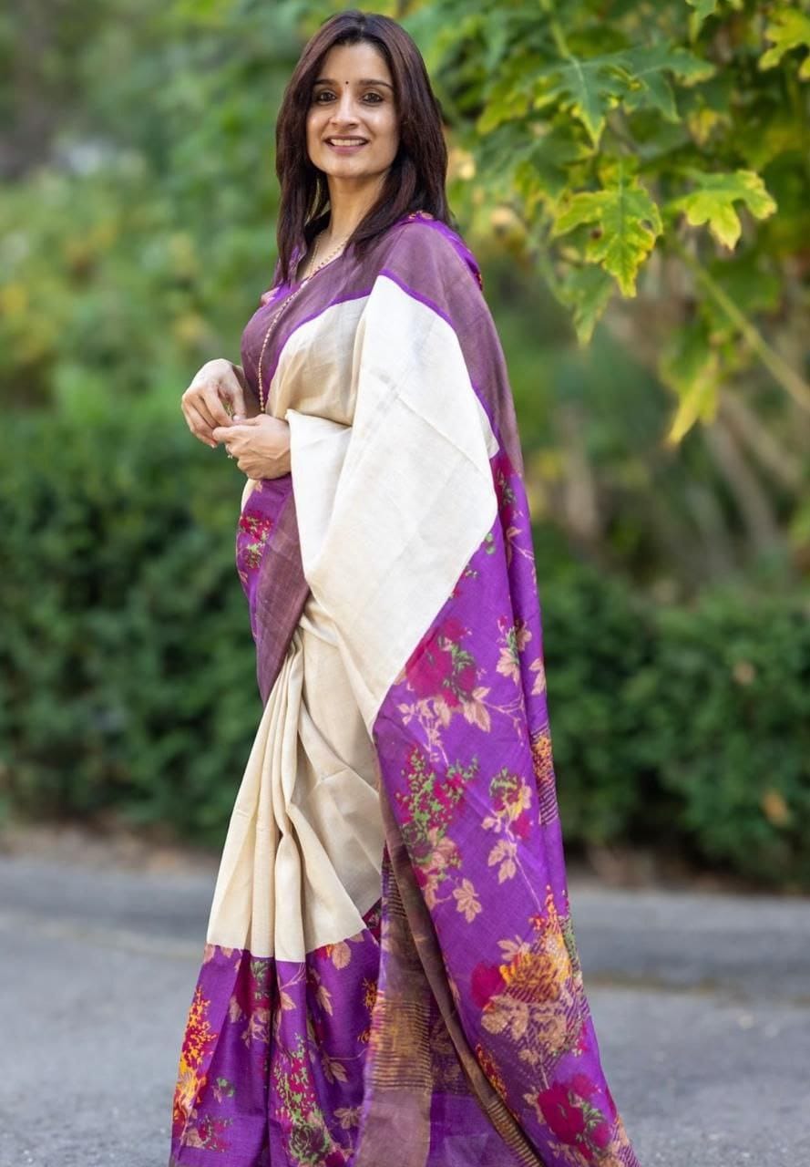 White Purple Pure Linen Digital Printed Saree