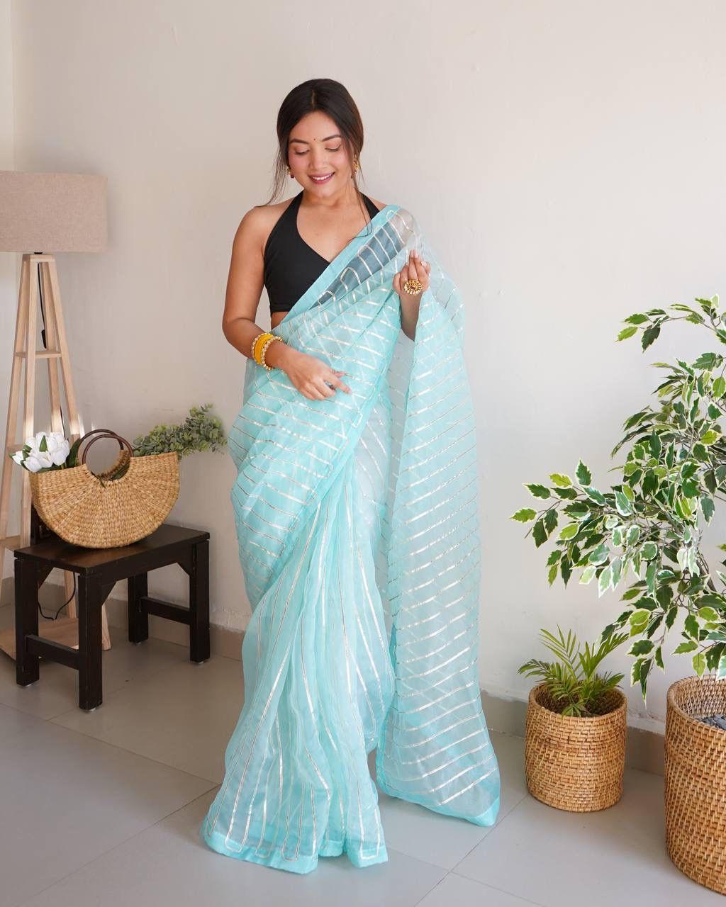 Sky Blue Soft Organza Silk All Over Silver Gota Work Saree