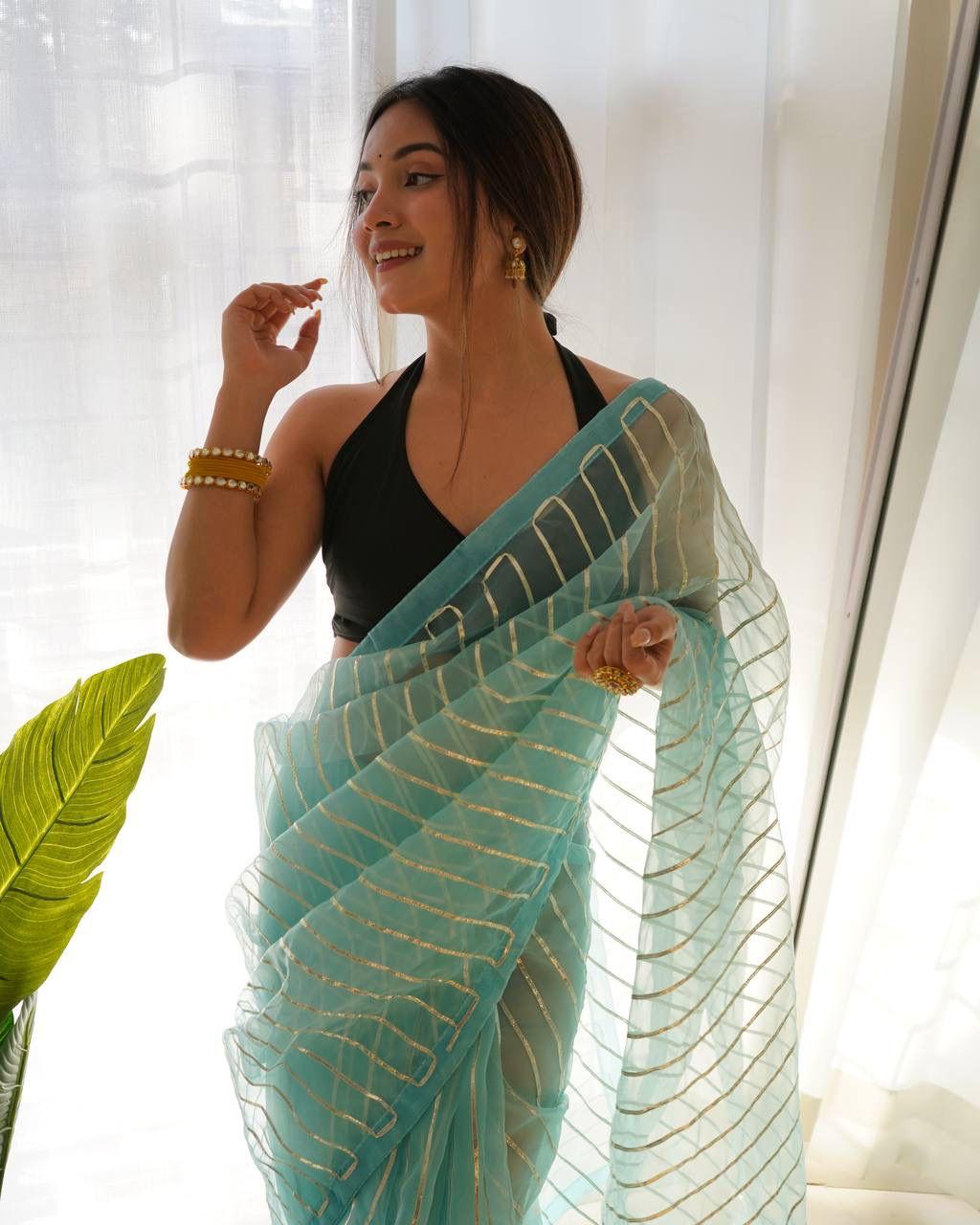 Sky Blue Soft Organza Silk All Over Silver Gota Work Saree