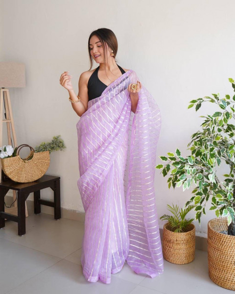 Image of Lavender Soft Organza Silk All Over Silver Gota Work Saree