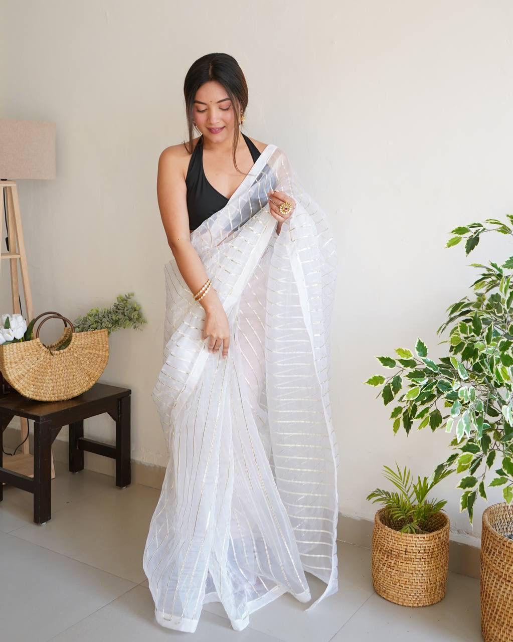 White Soft Organza Silk All Over Silver Gota Work Saree