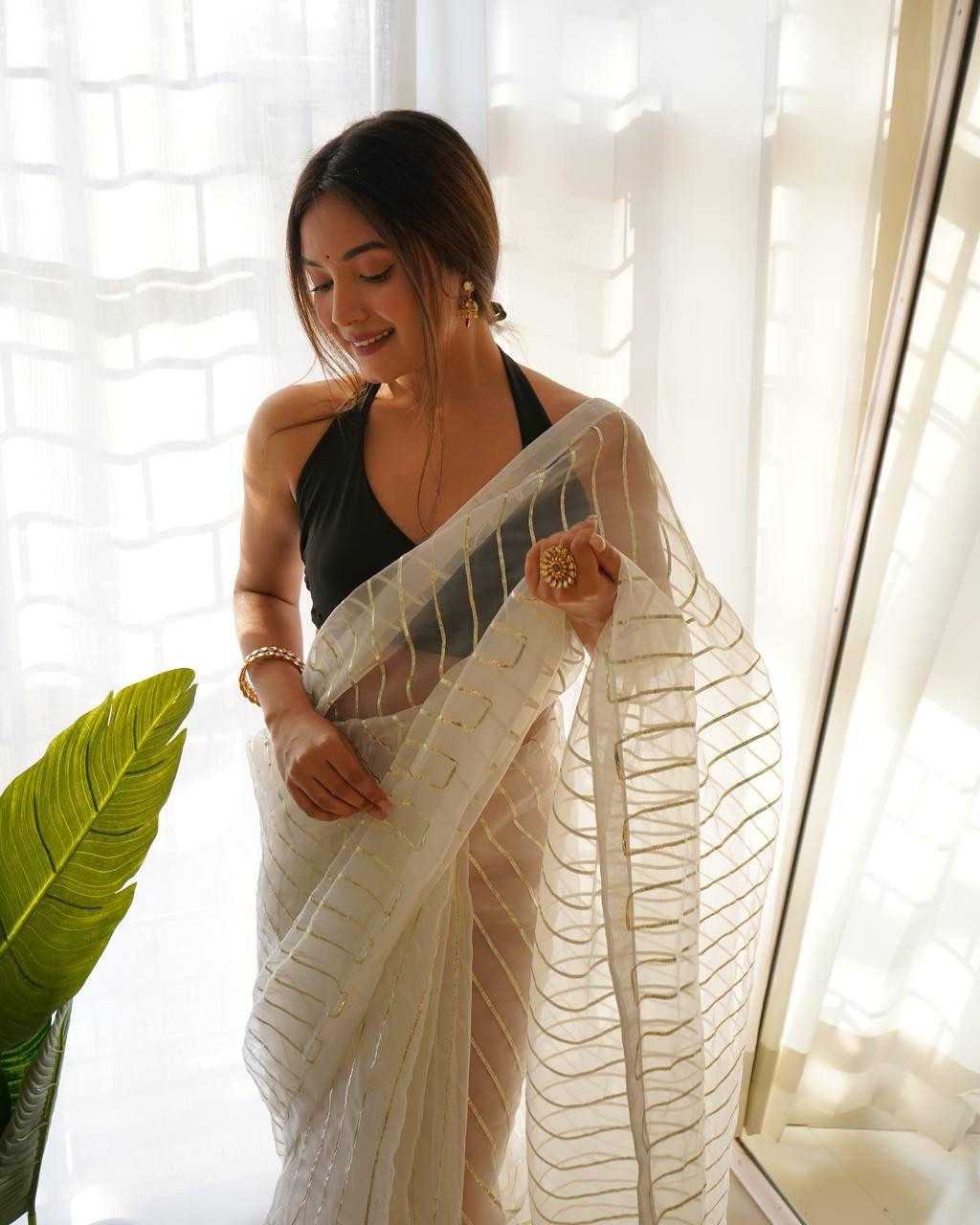 White Soft Organza Silk All Over Silver Gota Work Saree