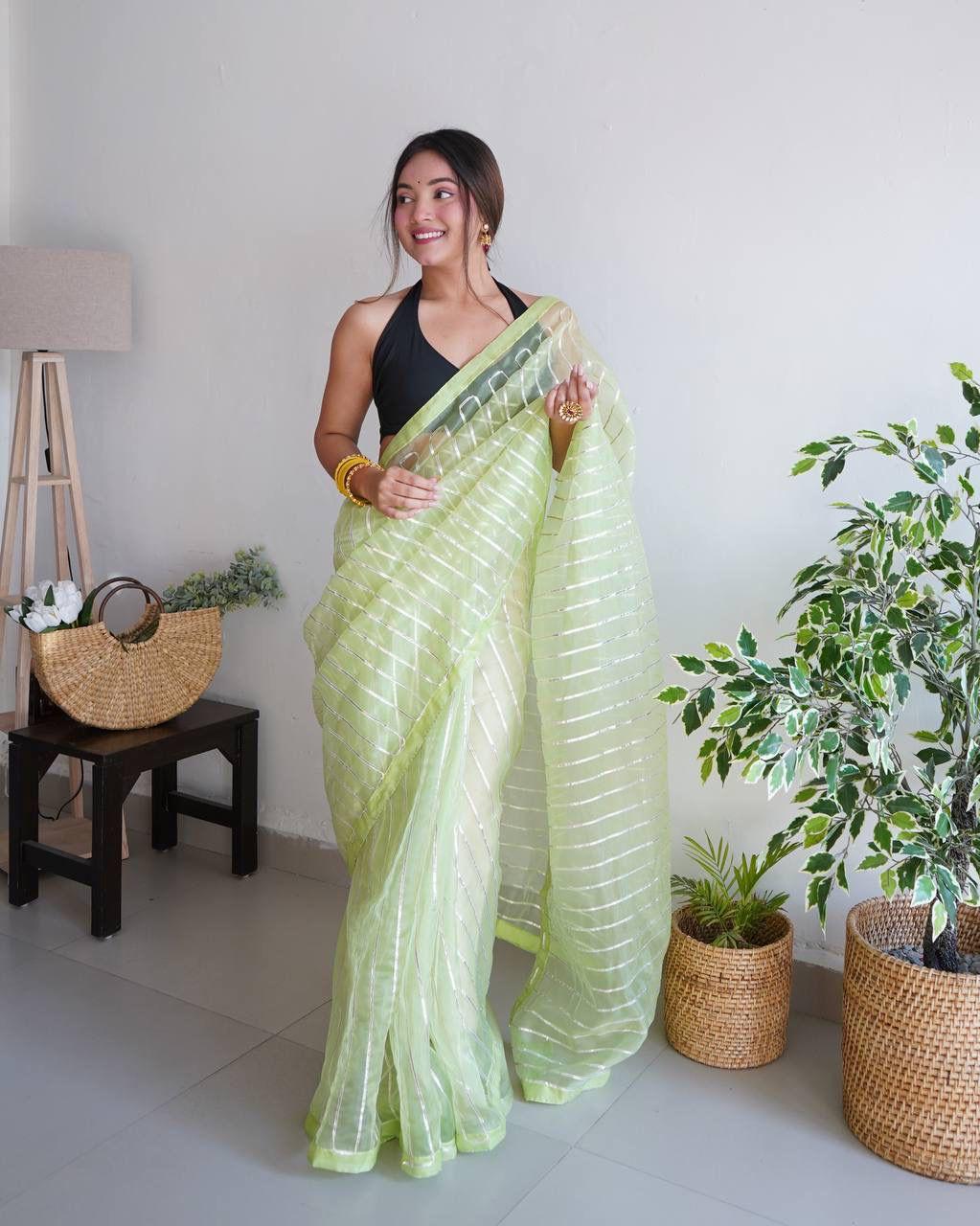Pistachio Soft Organza Silk All Over Silver Gota Work Saree