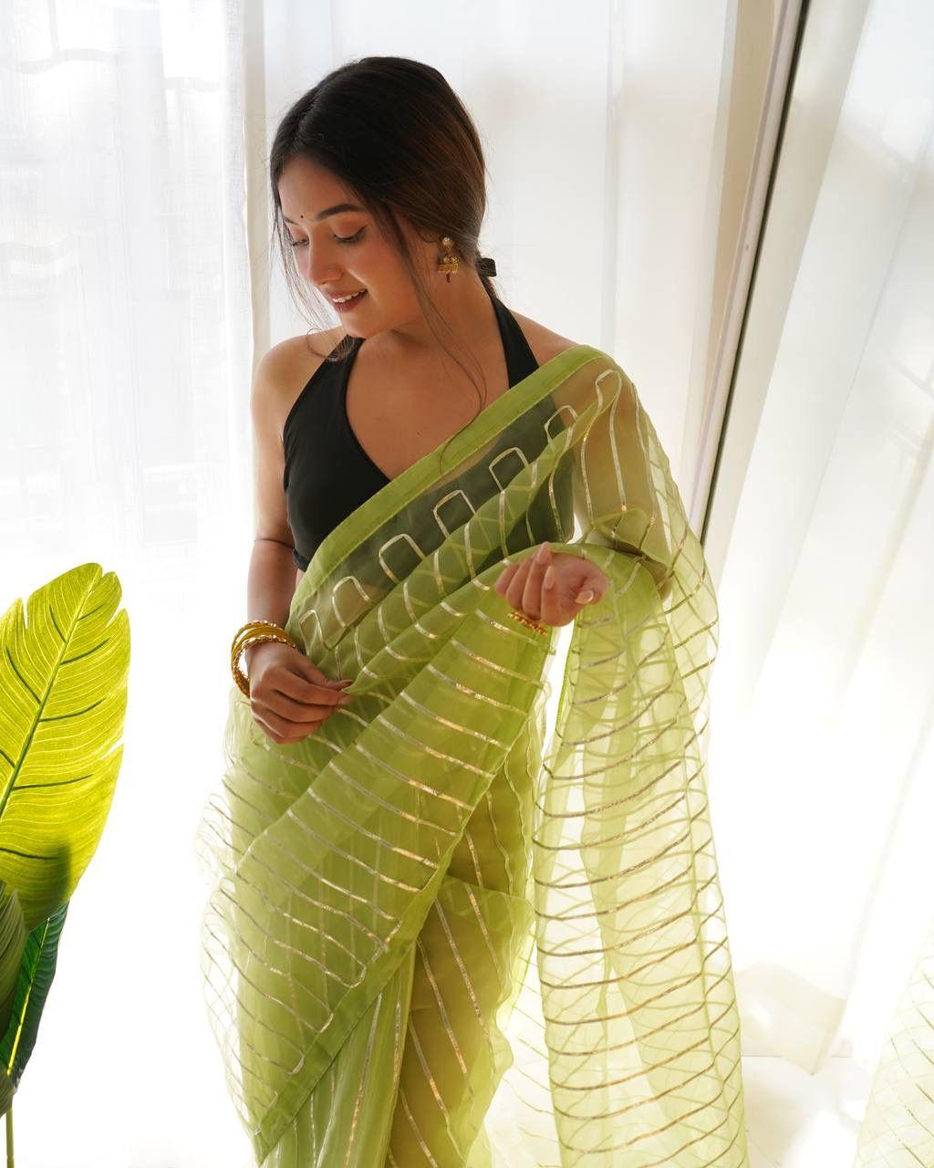 Pistachio Soft Organza Silk All Over Silver Gota Work Saree