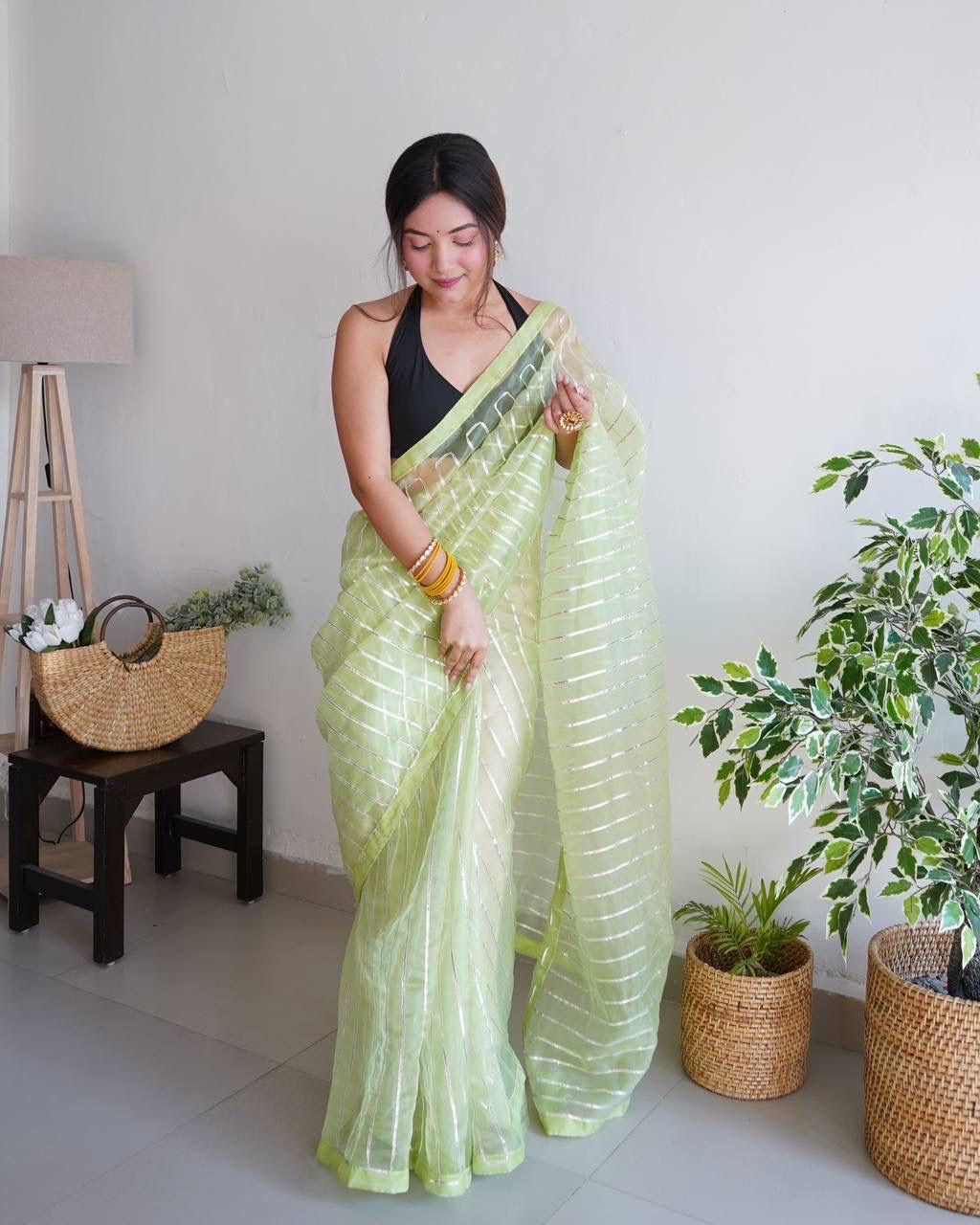 Pistachio Soft Organza Silk All Over Silver Gota Work Saree