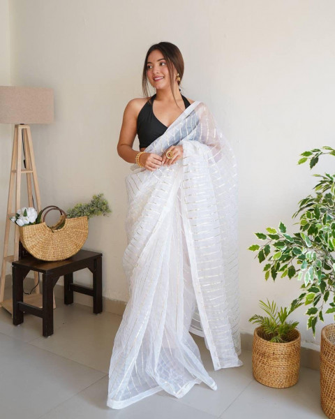 Image of White Soft Organza Silk All Over Silver Gota Work Saree