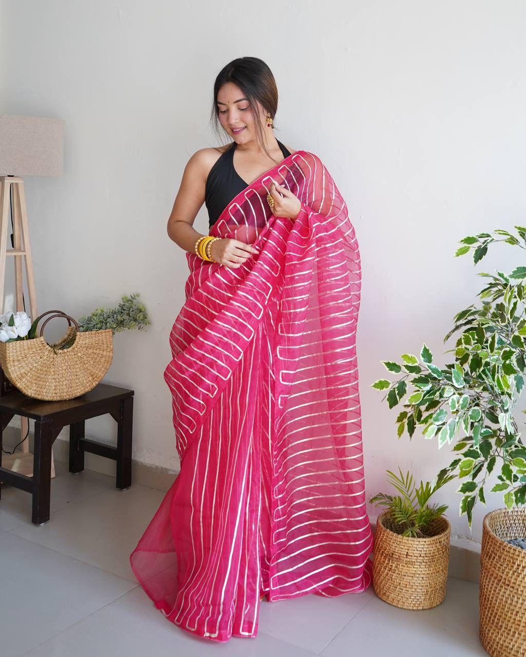 Magenta Soft Organza Silk All Over Silver Gota Work Saree