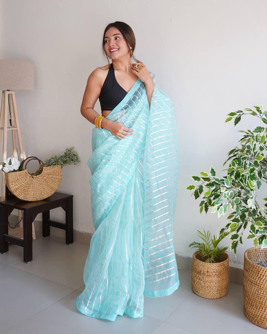 Sky Blue Soft Organza Silk All Over Silver Gota Work Saree
