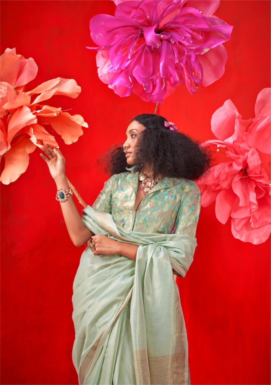 C-Green Pure Handloom Tissue Silk Zari Weaved Saree With Blouse Piece