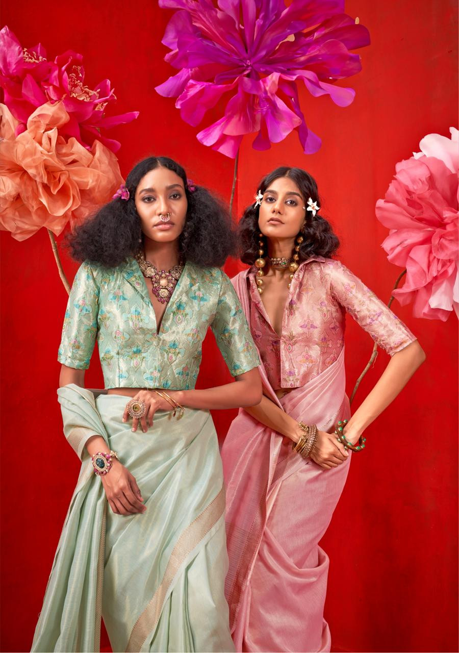 Pink Pure Handloom Tissue Silk Zari Weaved Saree With Blouse Piece