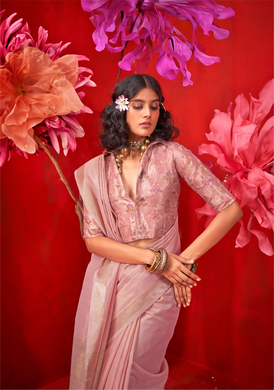 Pink Pure Handloom Tissue Silk Zari Weaved Saree With Blouse Piece