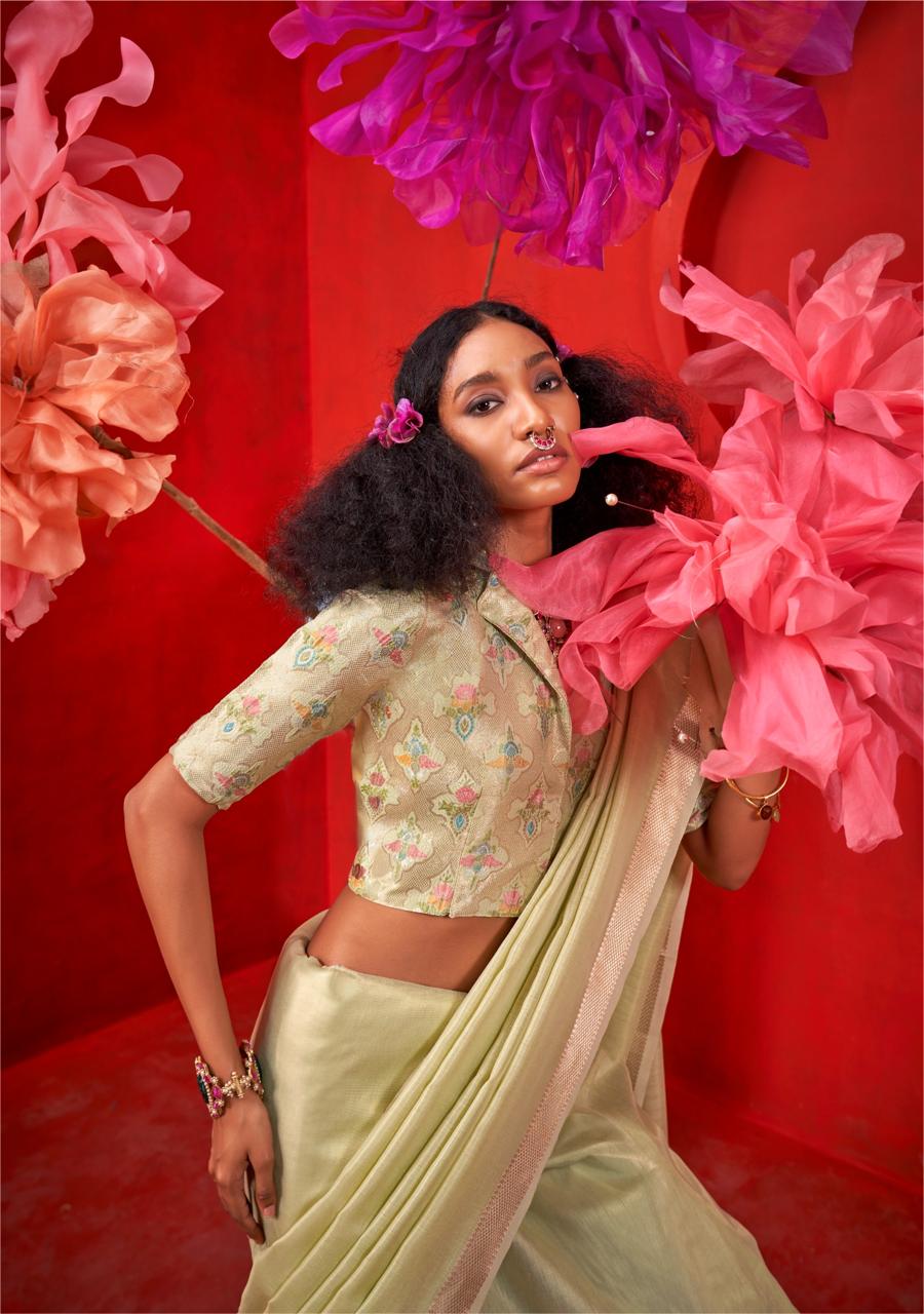 Pistachio Pure Handloom Tissue Silk Zari Weaved Saree With Blouse Piece