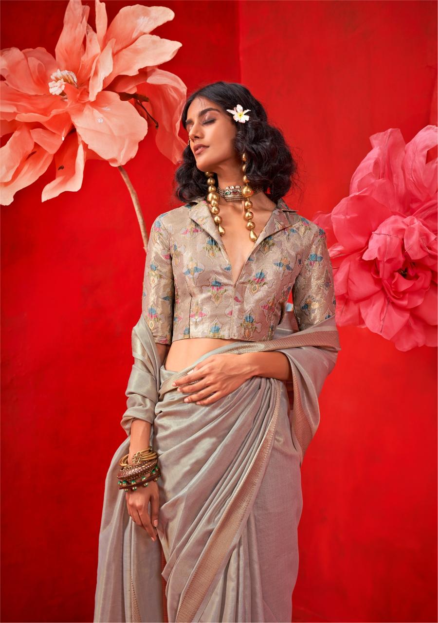 Gray Pure Handloom Tissue Silk Zari Weaved Saree With Blouse Piece