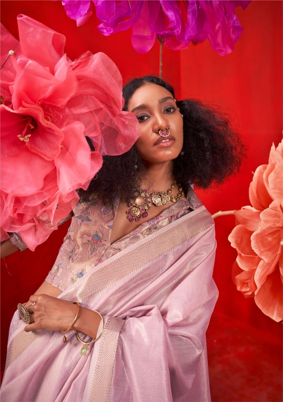 Purple Pure Handloom Tissue Silk Zari Weaved Saree With Blouse Piece