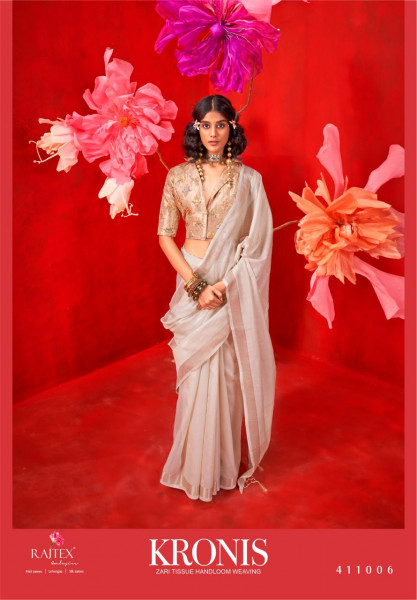 Image of Beige Pure Handloom Tissue Silk Zari Weaved Saree With Blouse Piece