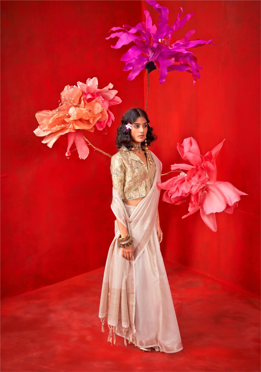 Beige Pure Handloom Tissue Silk Zari Weaved Saree With Blouse Piece