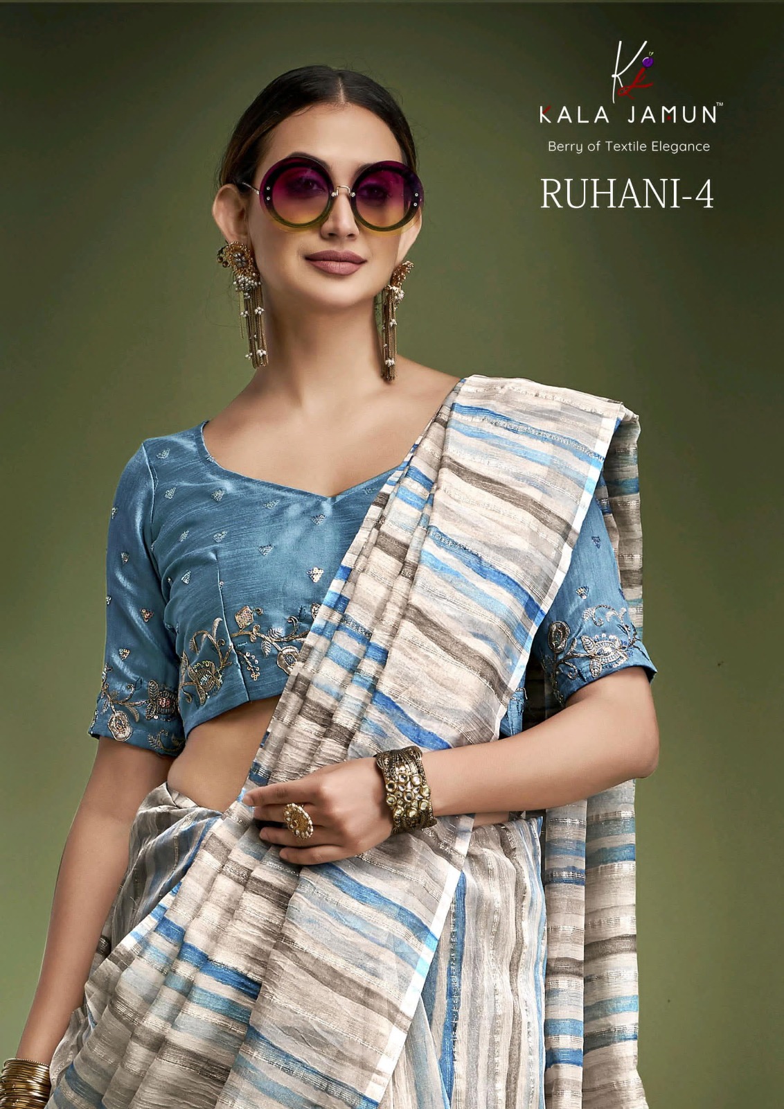 Sky Blue Banarasi Crushed Tissue Multi Color Striped Body Designer Blouse Saree