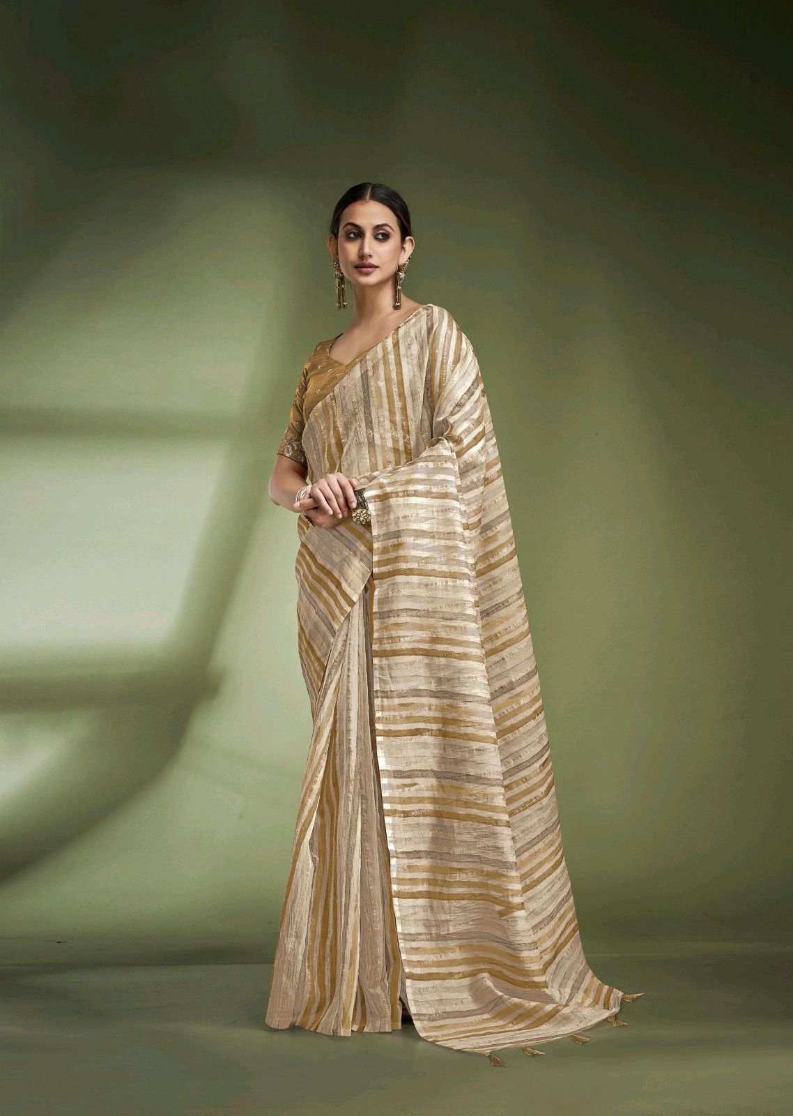 Brown Banarasi Crushed Tissue Multi Color Striped Body Designer Blouse Saree