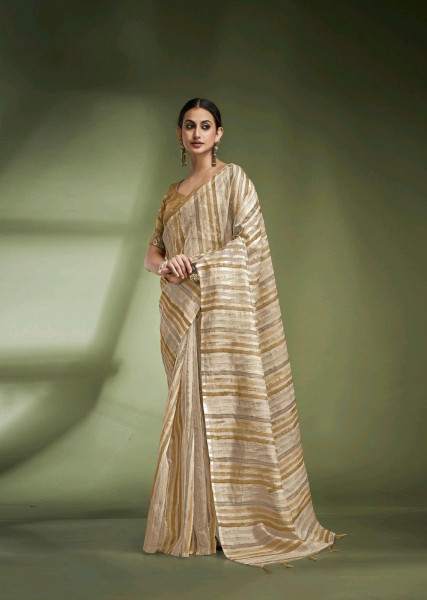 Image of Brown Banarasi Crushed Tissue Multi Color Striped Body Designer Blouse Saree