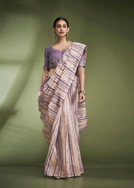 Image of Lavender Banarasi Crushed Tissue Multi Color Striped Body Designer Blouse Saree