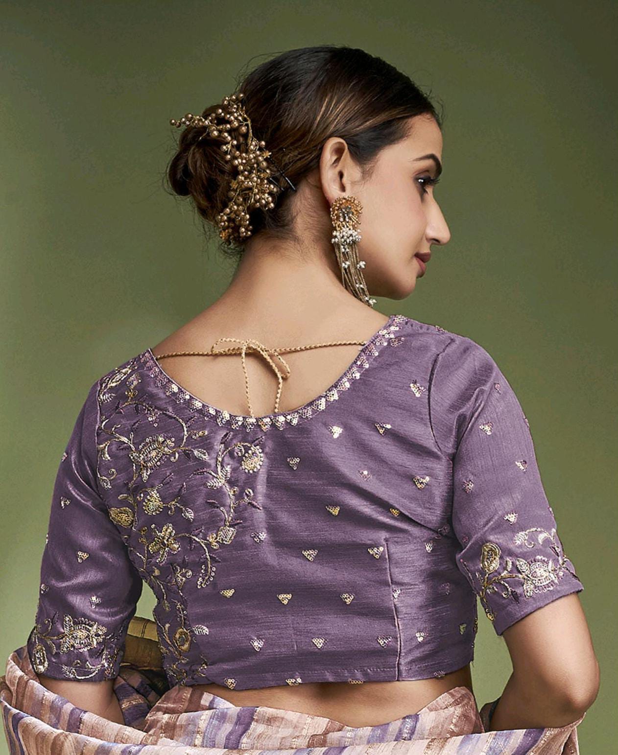 Lavender Banarasi Crushed Tissue Multi Color Striped Body Designer Blouse Saree