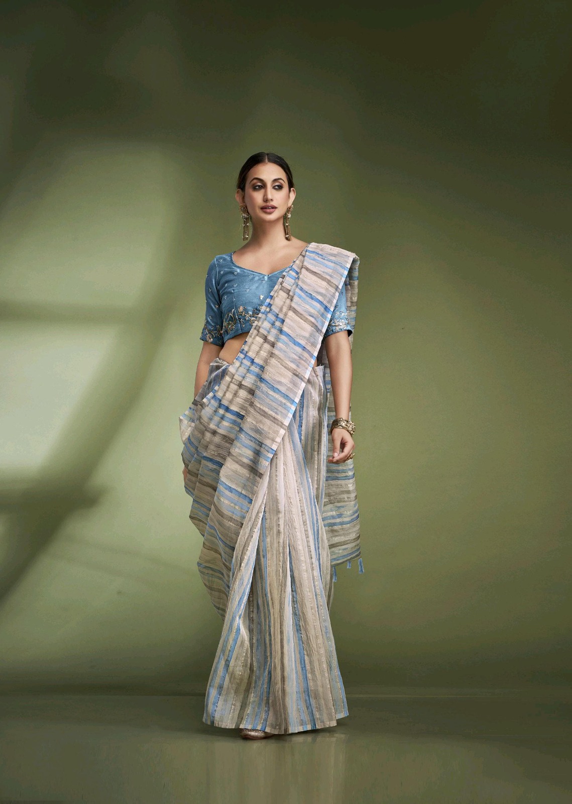 Sky Blue Banarasi Crushed Tissue Multi Color Striped Body Designer Blouse Saree