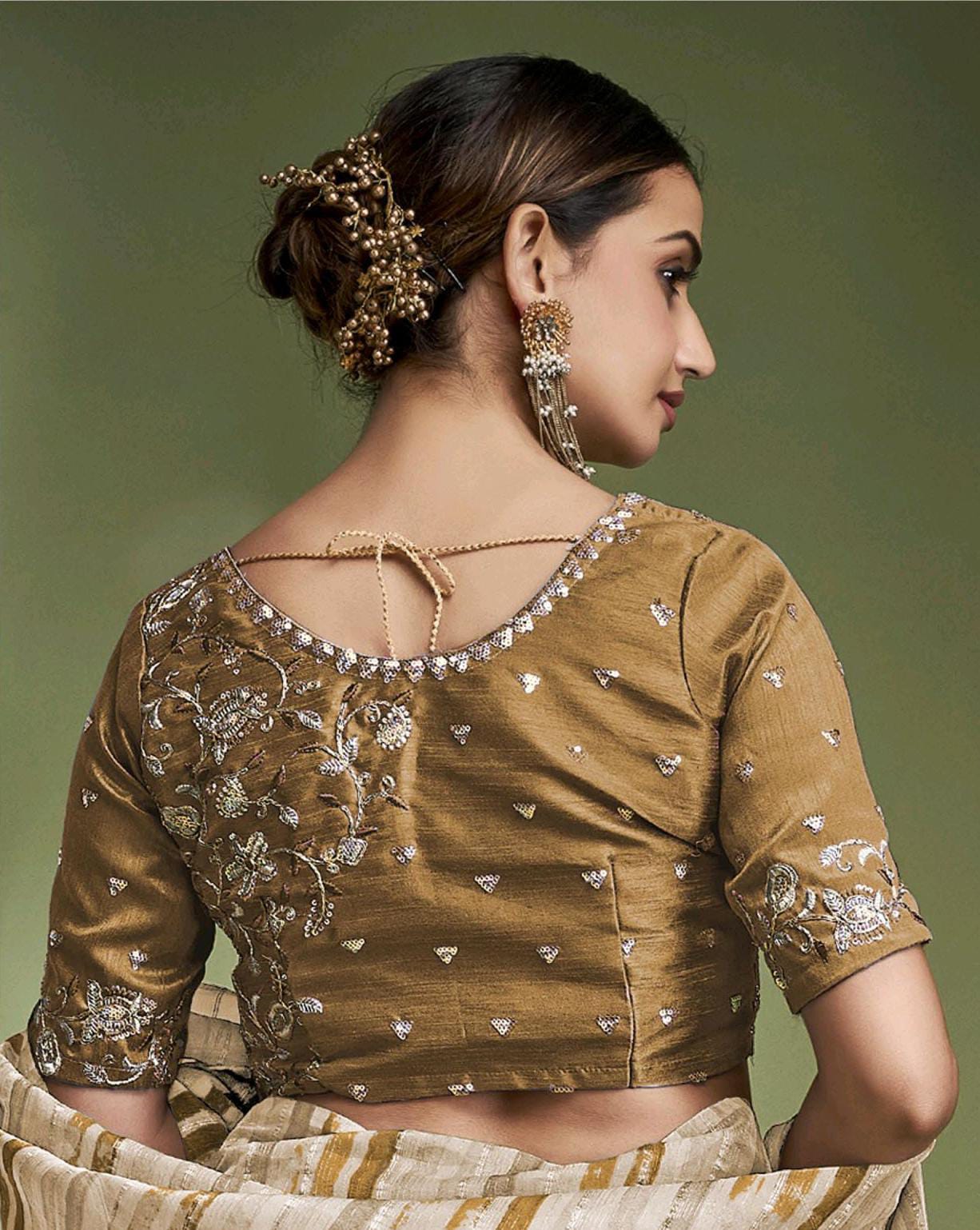 Brown Banarasi Crushed Tissue Multi Color Striped Body Designer Blouse Saree