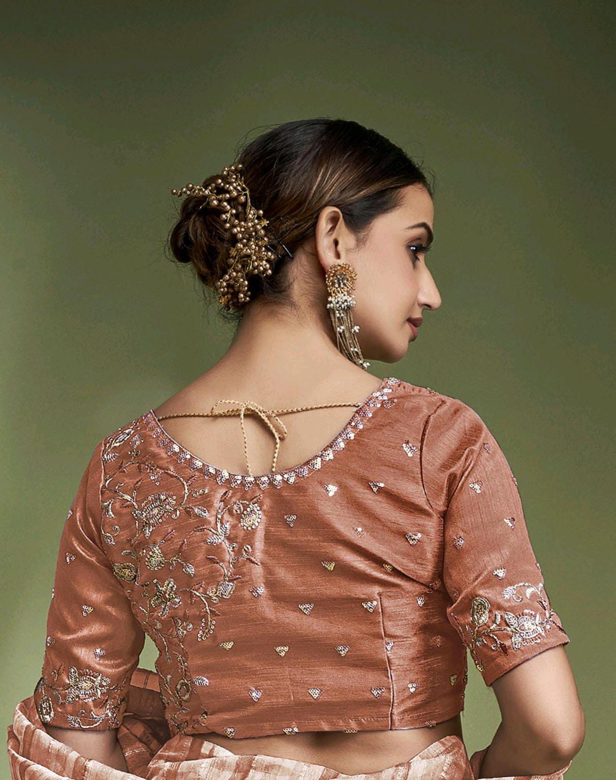 Rust Banarasi Crushed Tissue Multi Color Striped Body Designer Blouse Saree