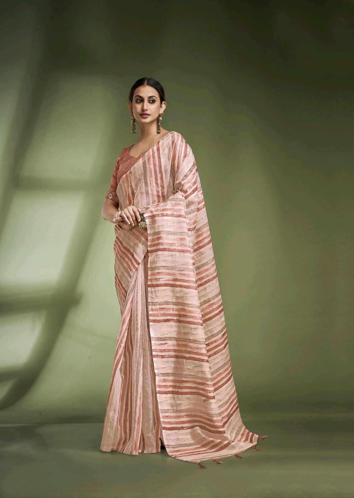 Rust Banarasi Crushed Tissue Multi Color Striped Body Designer Blouse Saree