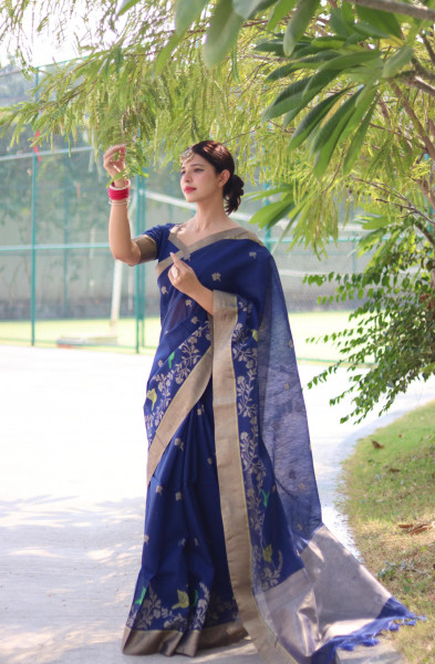 Image of Navy Blue Pure Linen Jamdani Style Floral Resham Weaved Saree