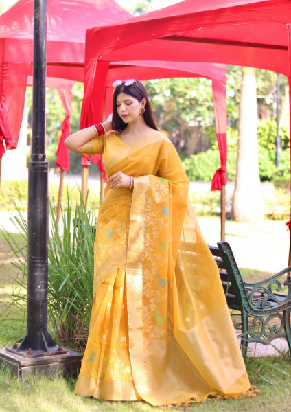 Image of Gold Pure Linen Jamdani Style Floral Resham Weaved Saree