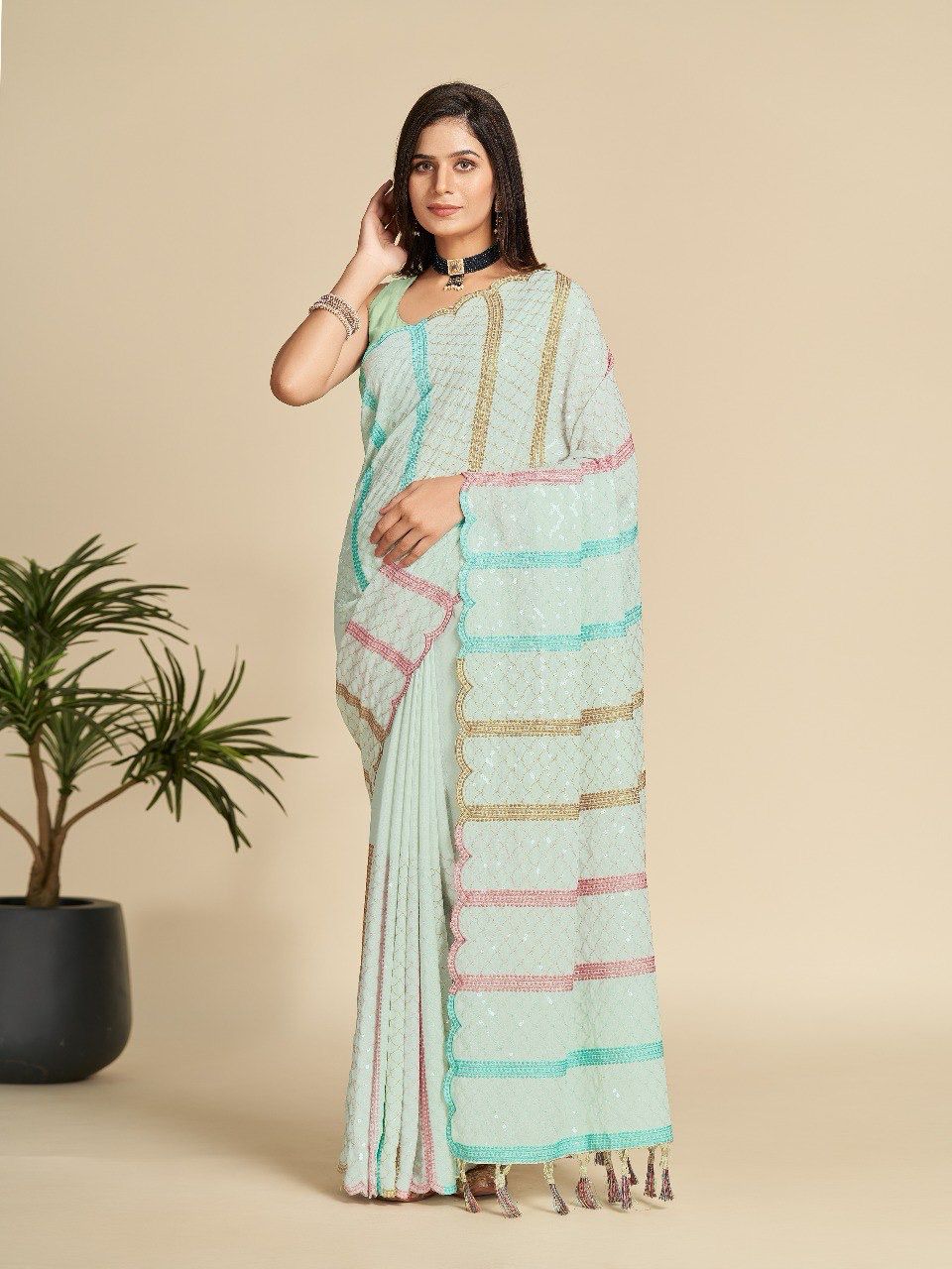 C-Green Chinon Silk Sequence Embroidery Resham Weaved Saree