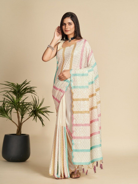 Image of Off-White Chinon Silk Sequence Embroidery Resham Weaved Saree