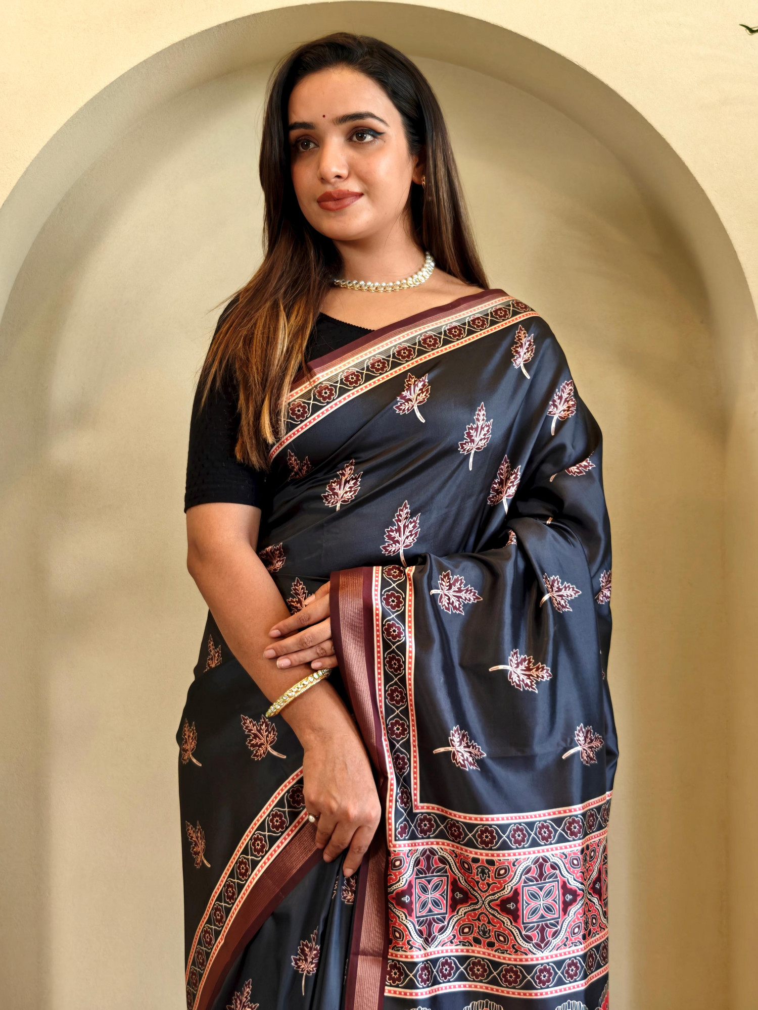 Jet Black Pure Dola Viscose All Over Digital Printed With Zari Border Saree