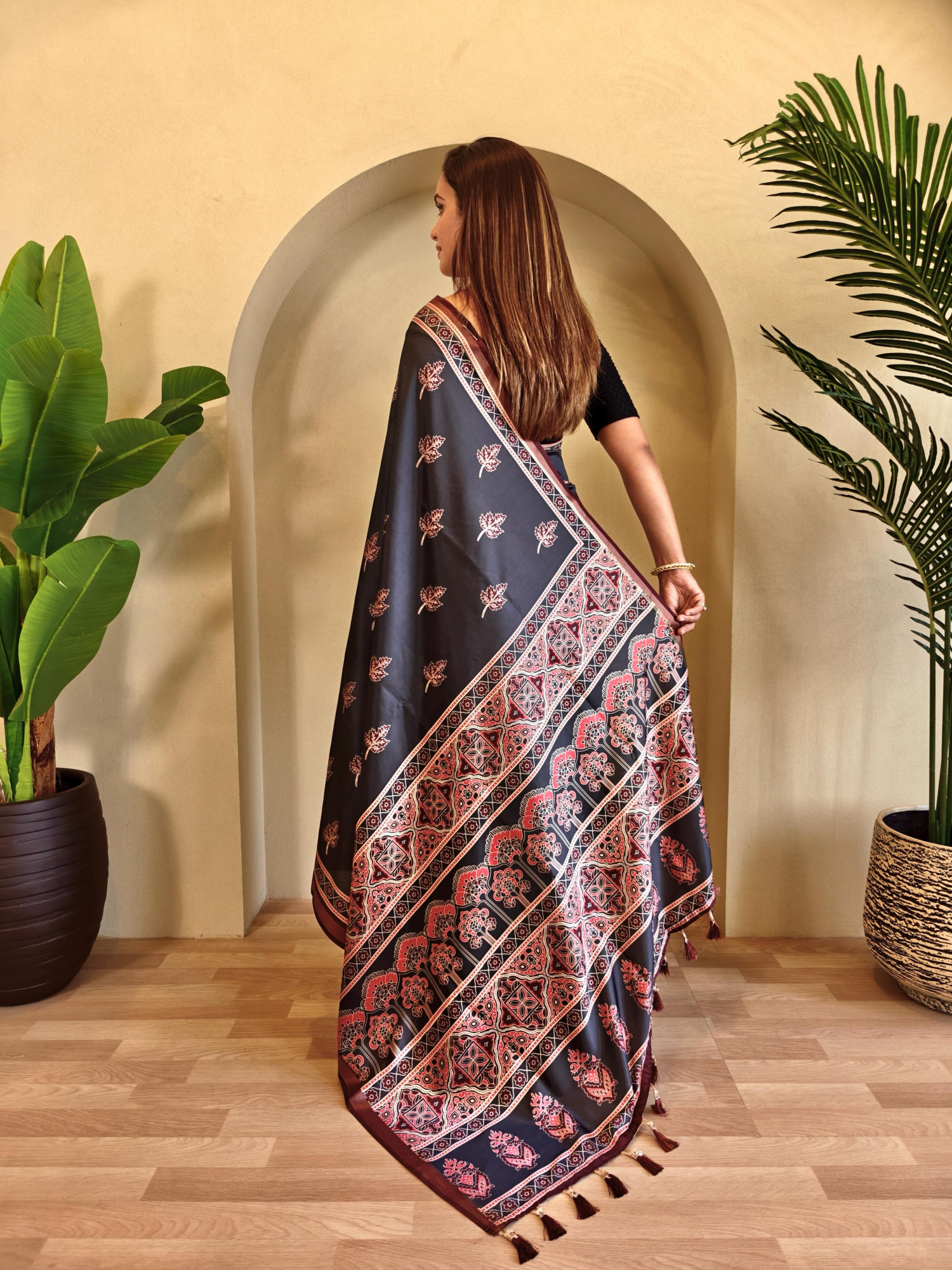 Jet Black Pure Dola Viscose All Over Digital Printed With Zari Border Saree