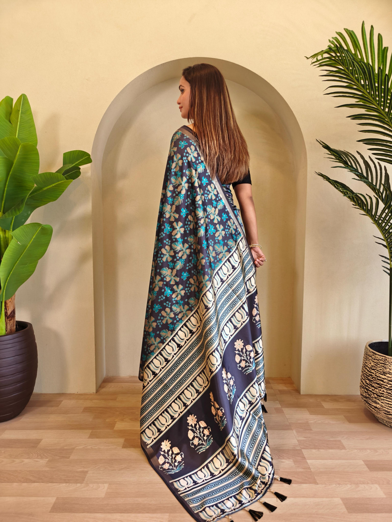 Blue Pure Dola Viscose All Over Digital Printed With Zari Border Saree
