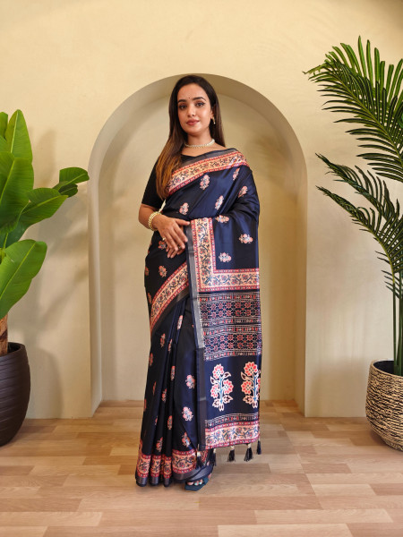 Image of Navy Blue Pure Dola Viscose All Over Digital Printed With Zari Border Saree