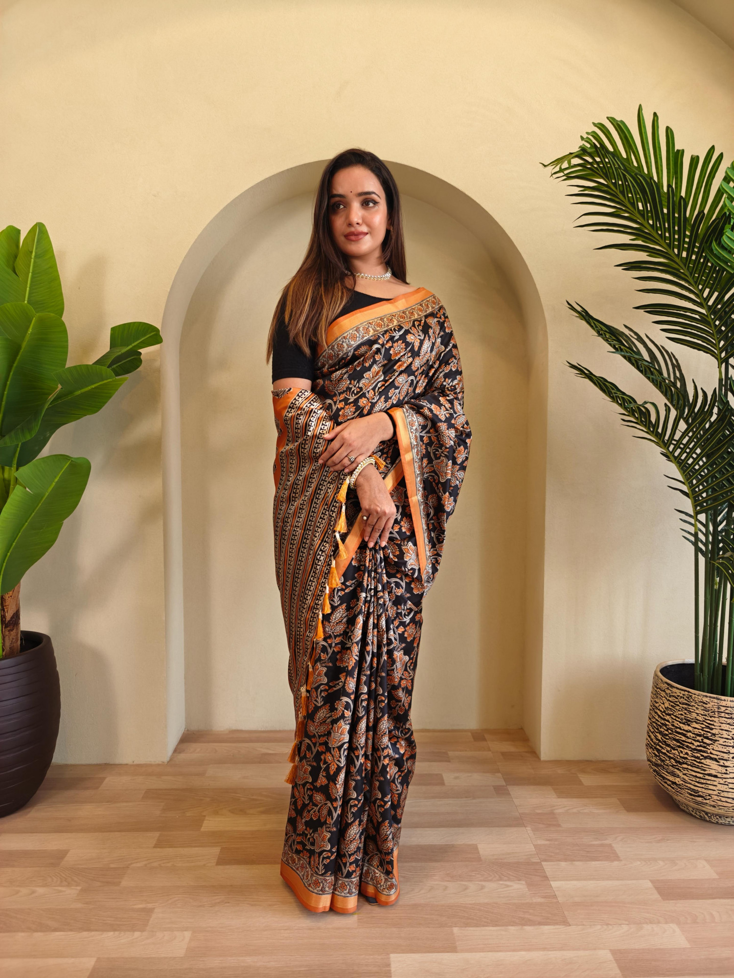 Black Pure Dola Viscose All Over Digital Printed With Zari Border Saree
