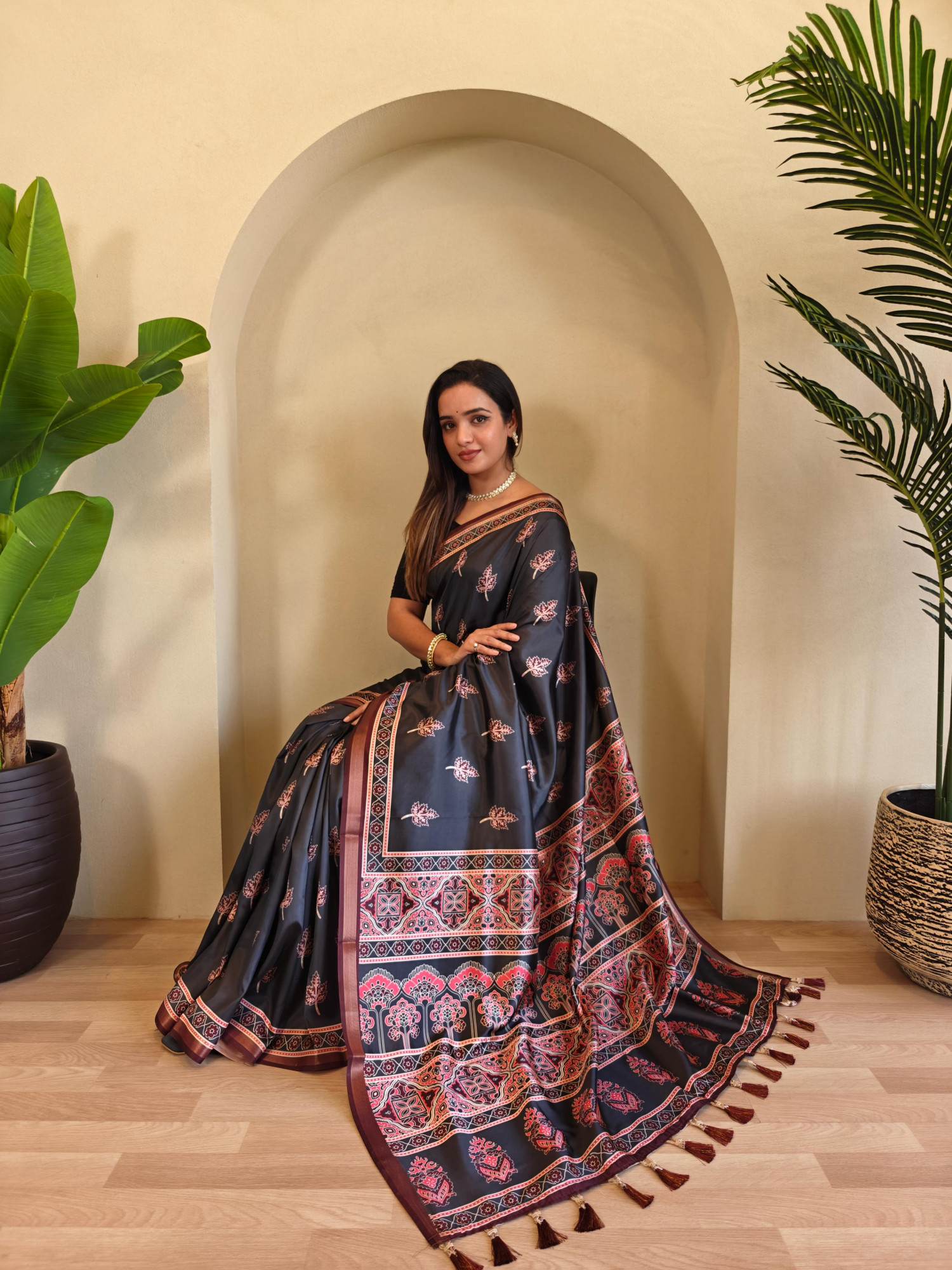 Jet Black Pure Dola Viscose All Over Digital Printed With Zari Border Saree