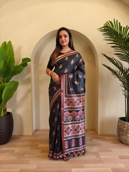 Image of Jet Black Pure Dola Viscose All Over Digital Printed With Zari Border Saree