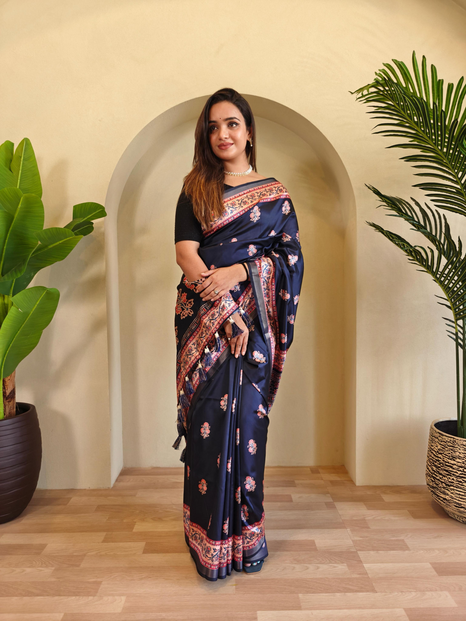 Navy Blue Pure Dola Viscose All Over Digital Printed With Zari Border Saree