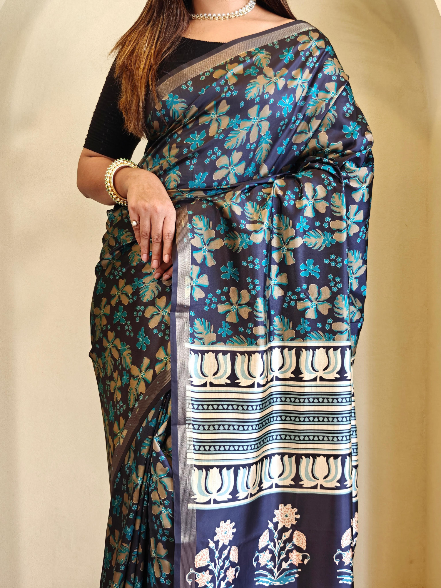 Blue Pure Dola Viscose All Over Digital Printed With Zari Border Saree